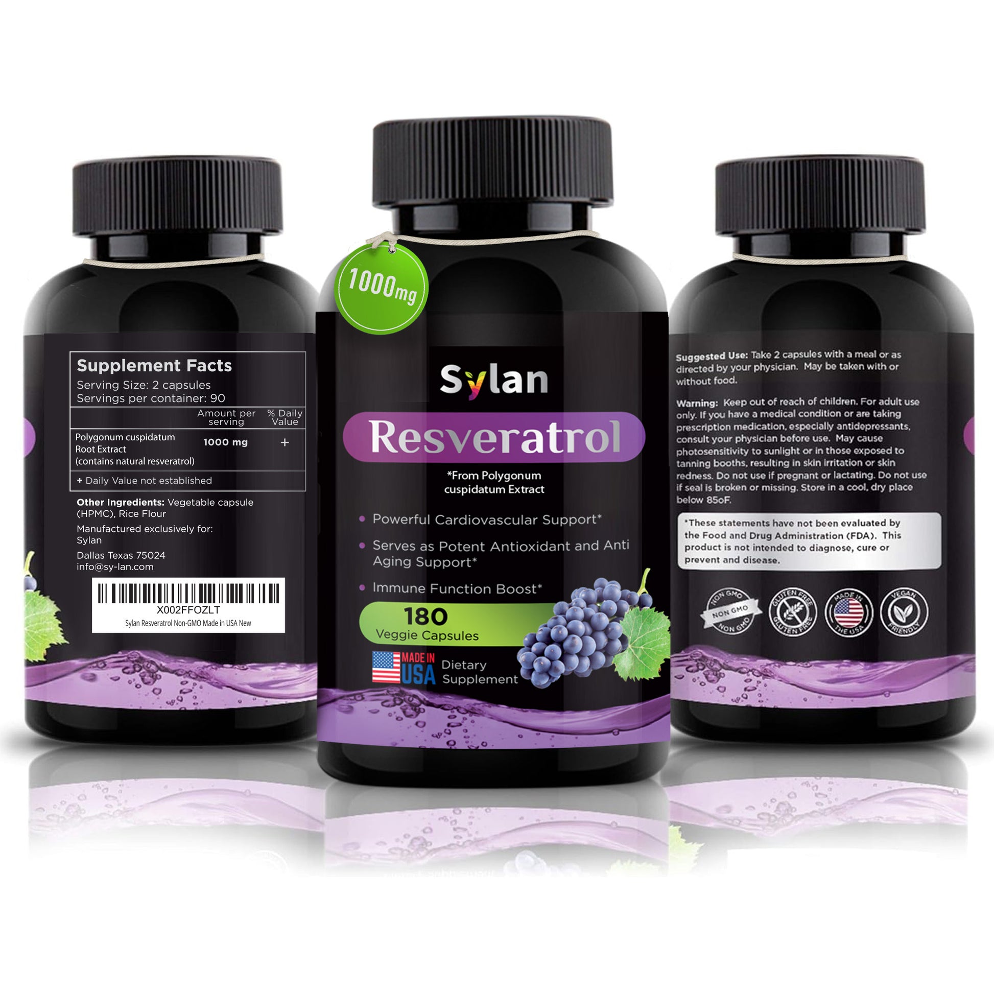 Trans Resveratrol Supplement 1000Mg Polyphenols Supplement 180 Capsules Veggie Non-Gmo Made in USA