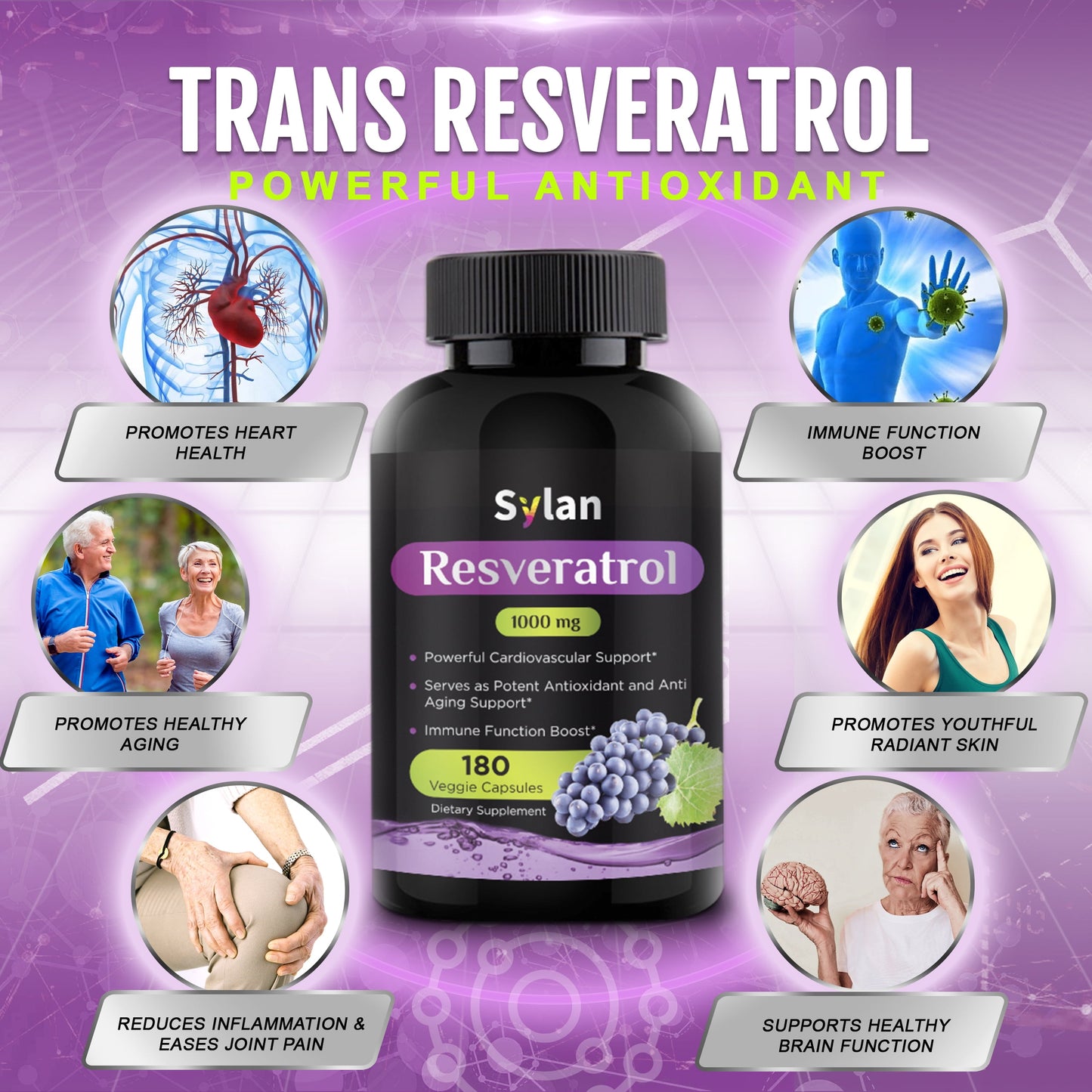 Trans Resveratrol Supplement 1000Mg Polyphenols Supplement 180 Capsules Veggie Non-Gmo Made in USA