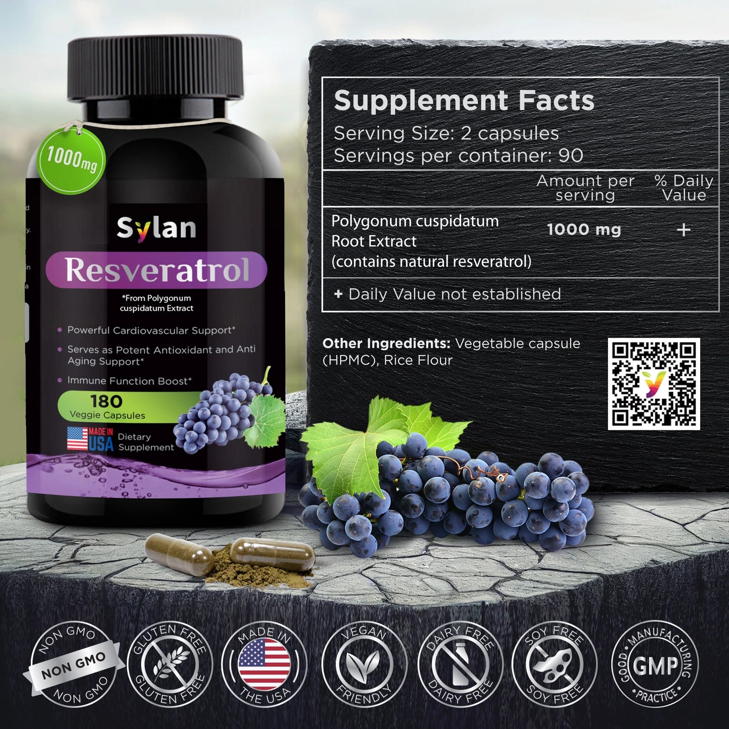 Trans Resveratrol Supplement 1000Mg Polyphenols Supplement 180 Capsules Veggie Non-Gmo Made in USA