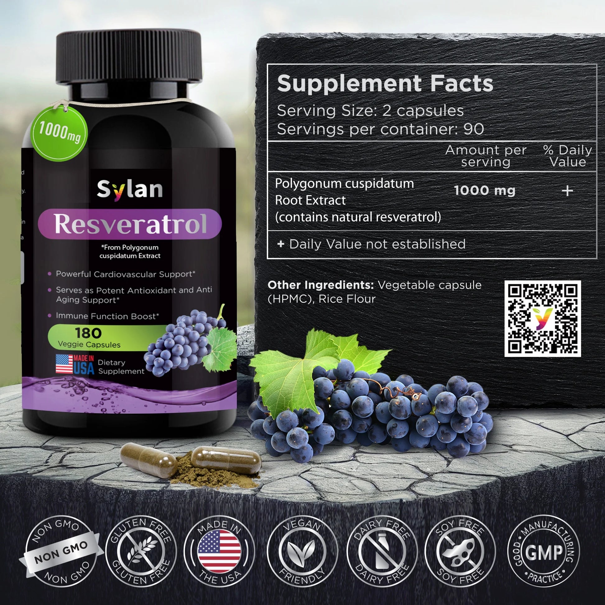 Trans Resveratrol Supplement 1000Mg Polyphenols Supplement 180 Capsules Veggie Non-Gmo Made in USA