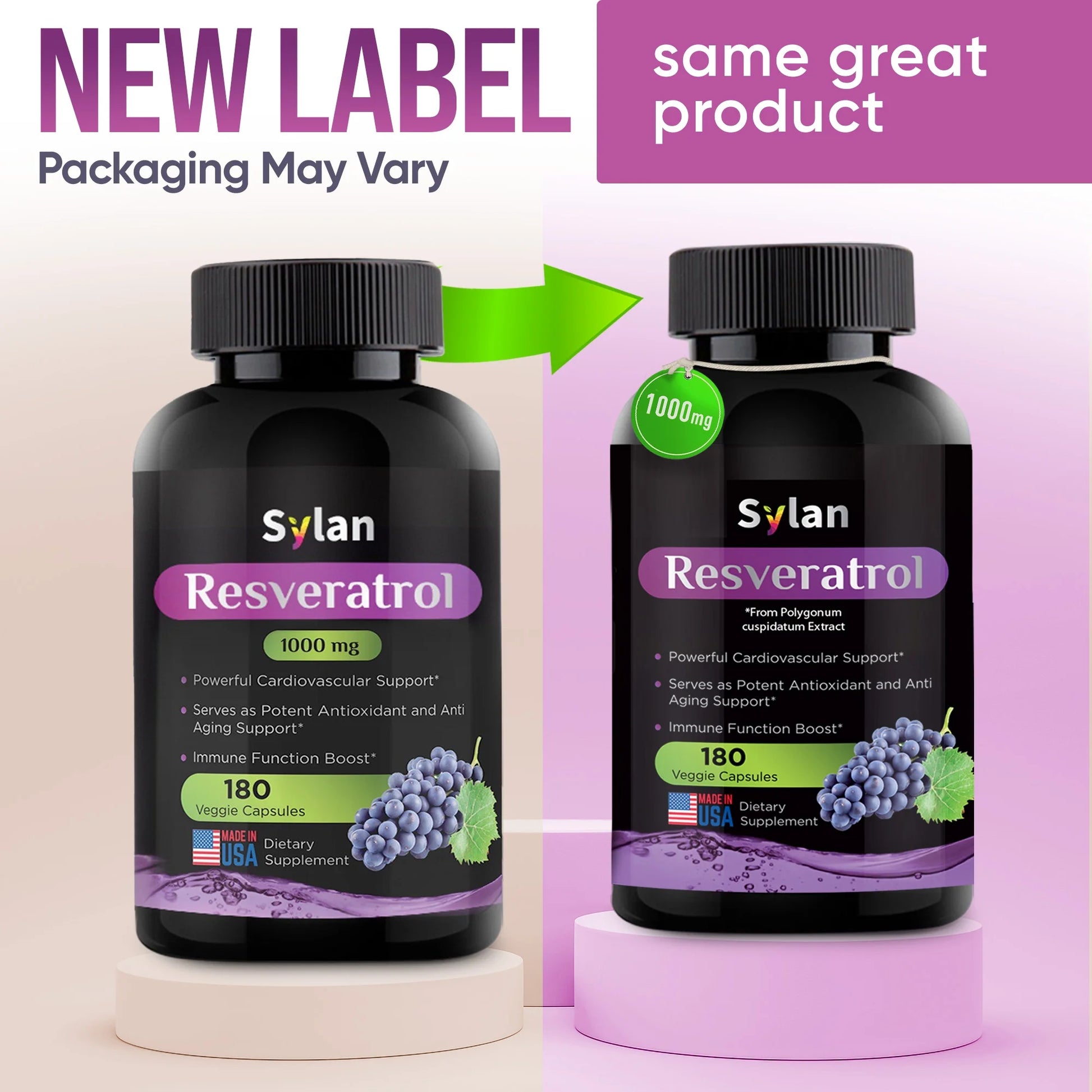 Trans Resveratrol Supplement 1000Mg Polyphenols Supplement 180 Capsules Veggie Non-Gmo Made in USA